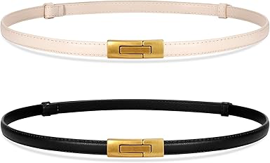 SANSTHS 2 Pack Thin Ladies Waist Belt for Dresses Jeans Pants, Skinny Womens Belt with Antique Gold Buckle