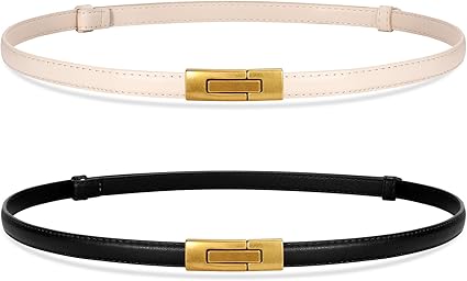 SANSTHS 2 Pack Thin Ladies Waist Belt for Dresses Jeans Pants, Skinny Womens Belt with Antique Gold Buckle