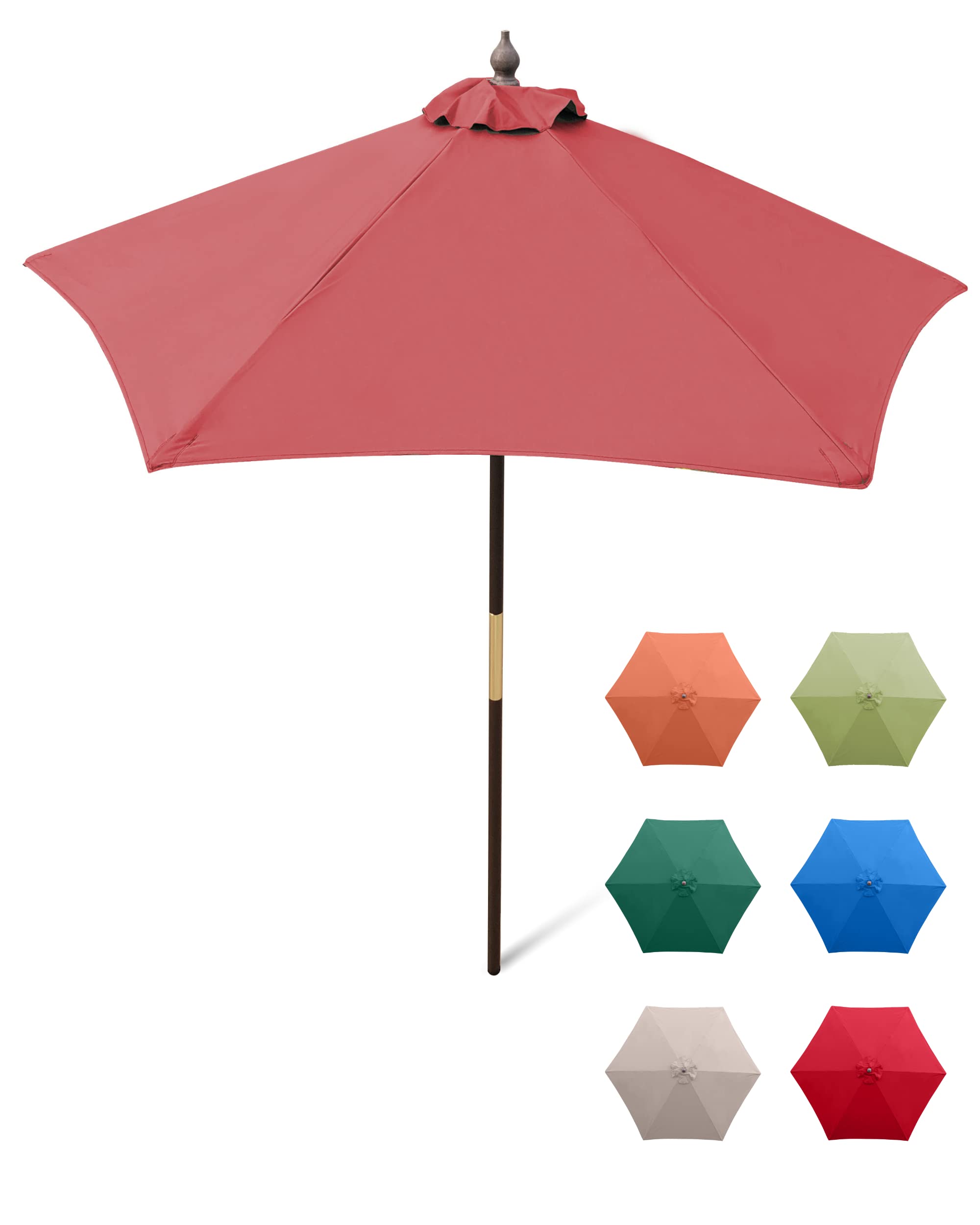 Formosa Covers 7 ft Brick Red Wood Outdoor Patio Umbrella Market Style - Tilt Mechanism Eucalyptus Teak Oil Finish