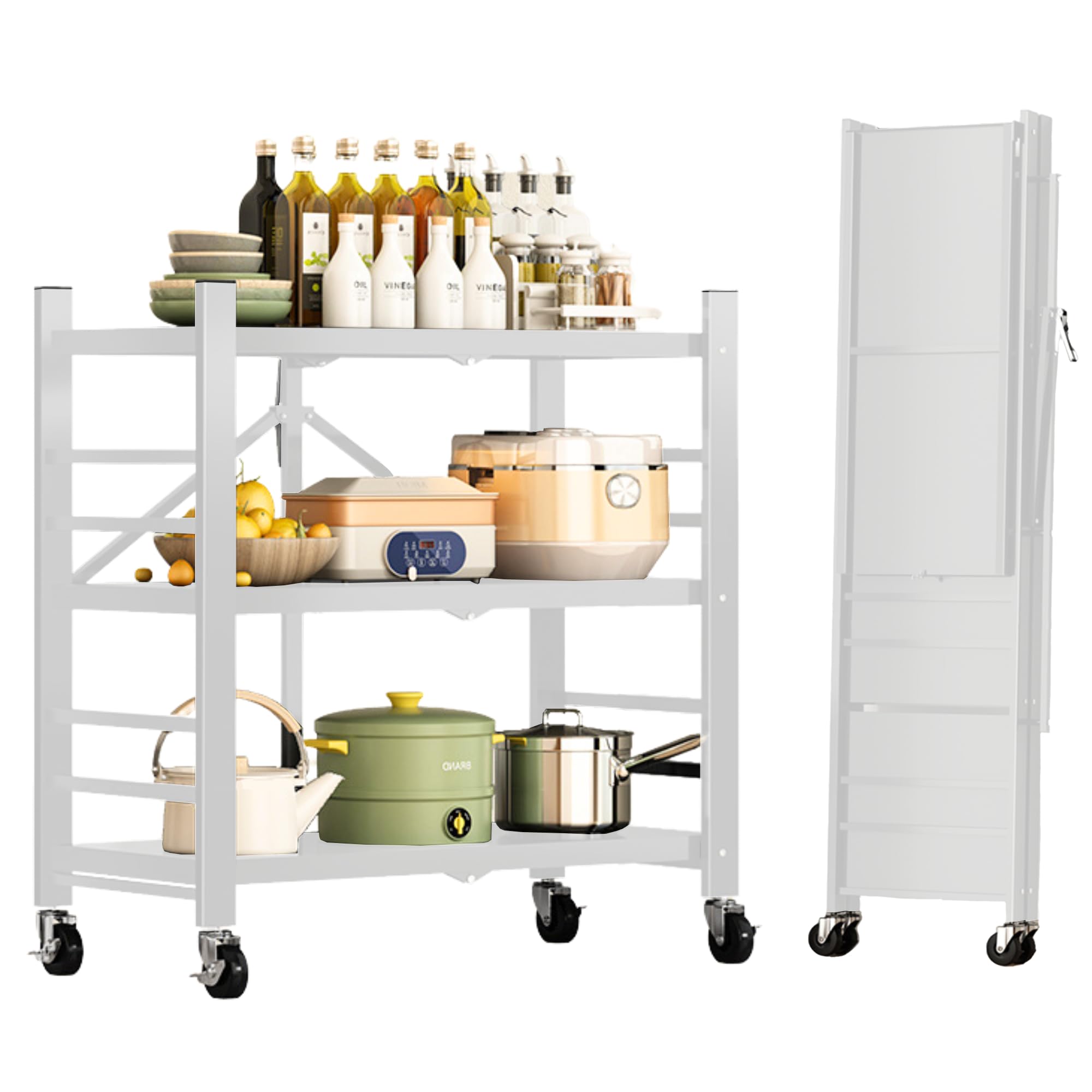 MAGIC SELECT Scaffale Modulare Multiuso con Ruote e Pieghevole per Mobili da Cucina, Bagno, Camera da Letto e Soggiorno con 3 Ripiani