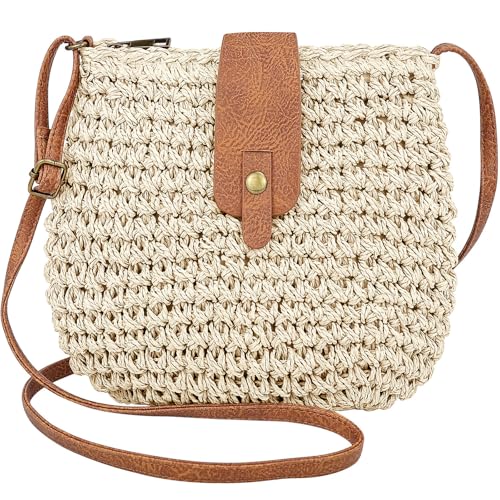 Busnos Straw Beach Bag Woven Purse Small Summer Beach Bags Womens Handbag Shoulder Purse Straw Clutch Purses for Women Cute Beige Shoulder Bag
