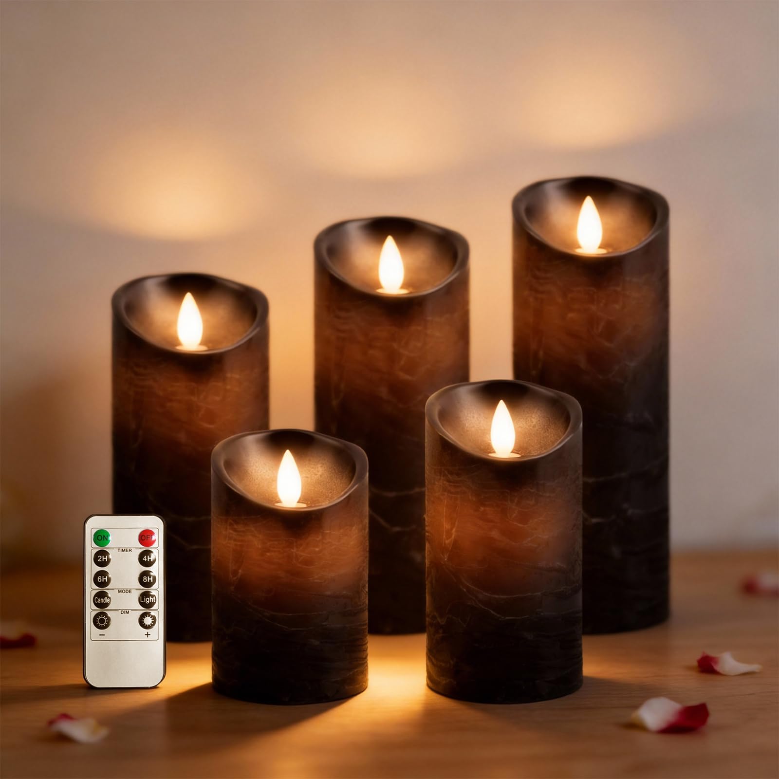 RosMank 5 Set LED Candles, Indoor & Outdoor Candles with 10-Key Remote Timer Control, Flameless, Real Wax, Flickering Flame Effect, Decoration for Christmas, Birthday, Wedding, Party, Black
