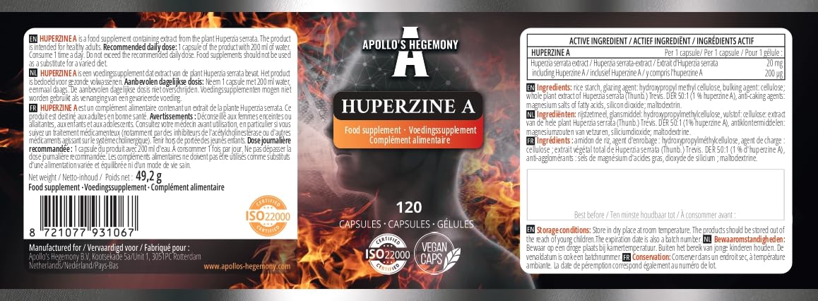 Huperzine A 200 mcg dans chaque gélule - 120 gélules végétaliennes - 4 mois d'approvisionnement pour le soutien cognitif - Huperzia serrata Extract - Diet Supplement by Apollo's Hegemony