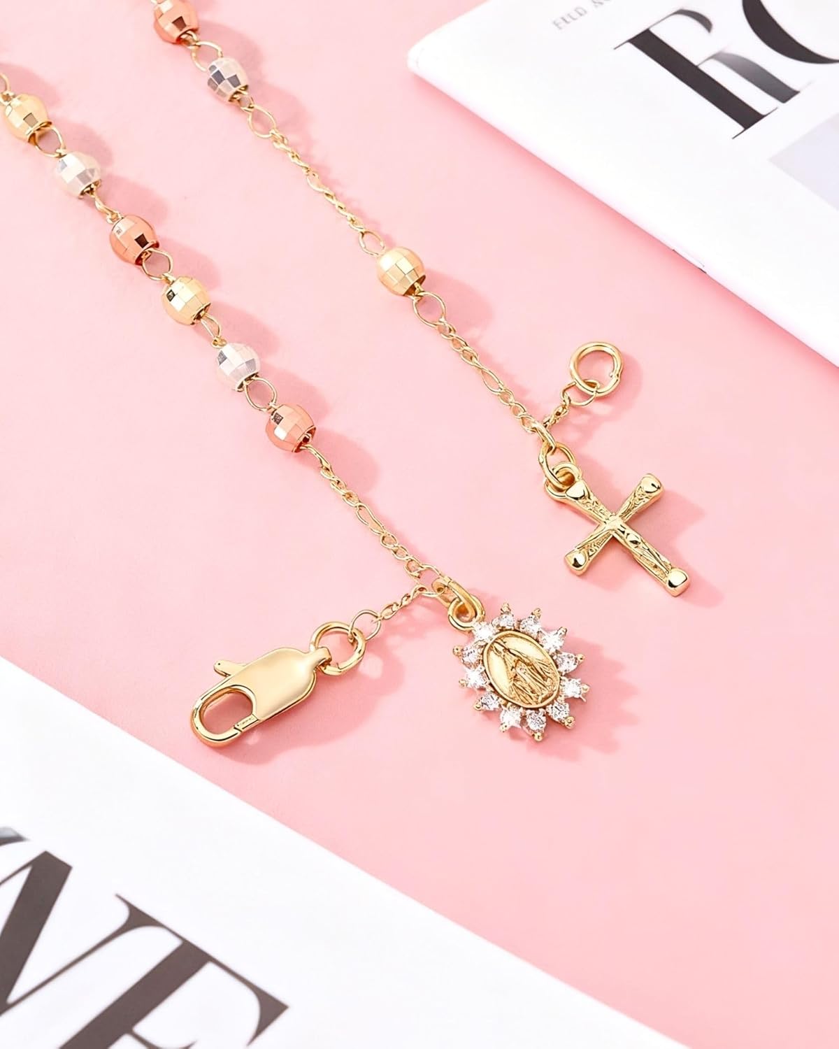 J&H DiaJuvelo Rosary Bead Cross Bracelet 14k Gold Plated Virgin Mary Bracelets Non Tarnish Religious Catholic Virgen de Guadalupe Jewelry Catolicos Rosarios Confirmation Baptism Charm Gifts for Women - Image 3