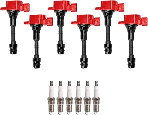 ENA Juego de 6 bobinas de encendido rojas y bujías de iridio compatibles con Nissan Infiniti Frontier NV1500 NV2500 NV3500 Xterra Pathfinder Equator