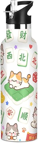 Lindo gato Mahjong de dibujos animados a prueba de fugas sin BPA botella de agua deportiva con tapa de pajilla, doble pared al vacío para viajes,