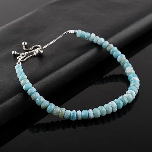Miniatura 4 de Natural Sky Blue Larimar Gemstones Bolo Bracelets, Dolphin Stone, Chakra Healing Crystals Jewelry, Rhodium Plated 925 Sterling Silver, Adjustable