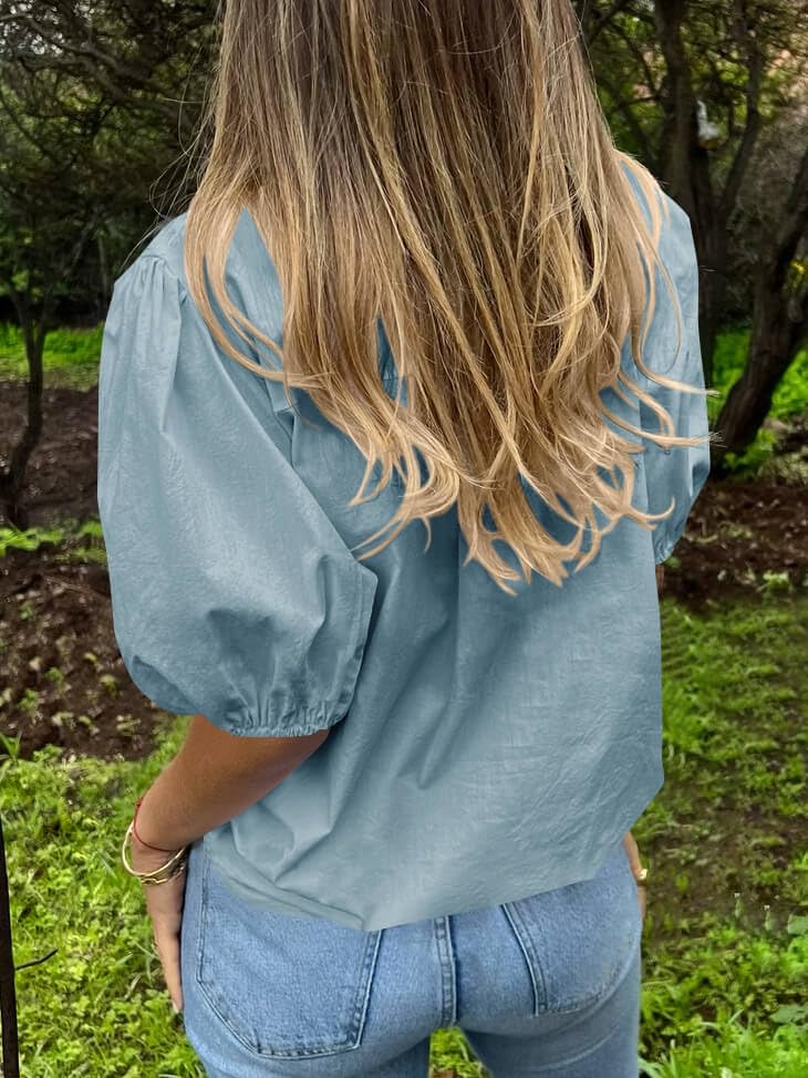 Image of Tankaneo Women's Button Down Shirts Short Puff Sleeve Collared Dressy Casual Blouse Tops