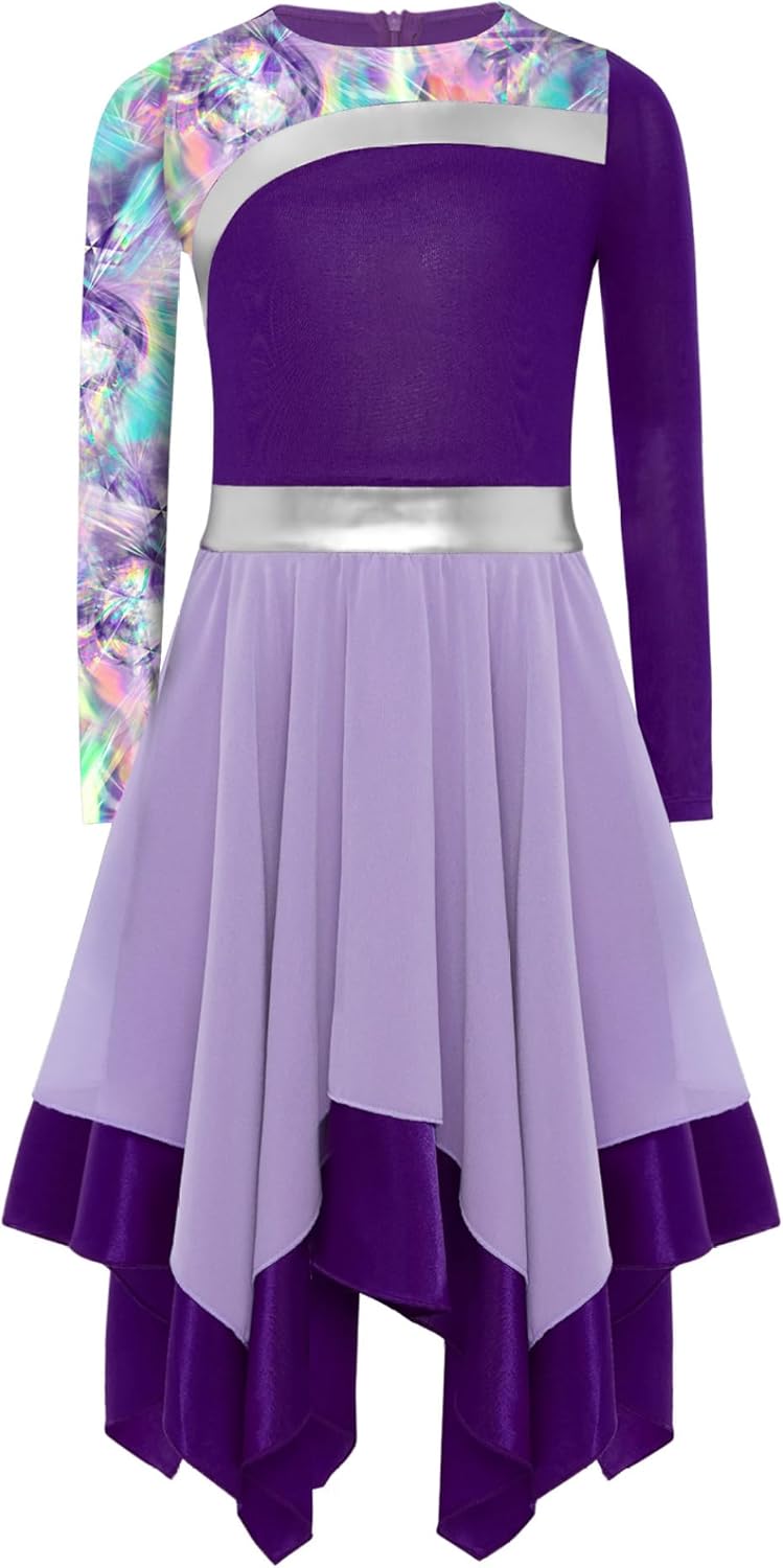 Kids Girls Worship Praise Dance Dress Long Sleeve Camouflage Printed Color Block Irregular Liturgical Dress