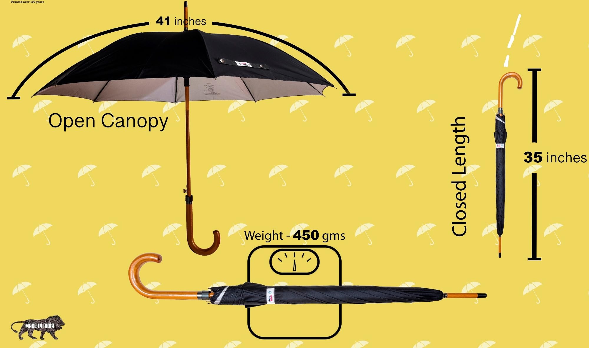 Sun Reporter Umbrella Black Stick Wooden UV Protective Crook Handle 41 Inches Automatic Open 2
