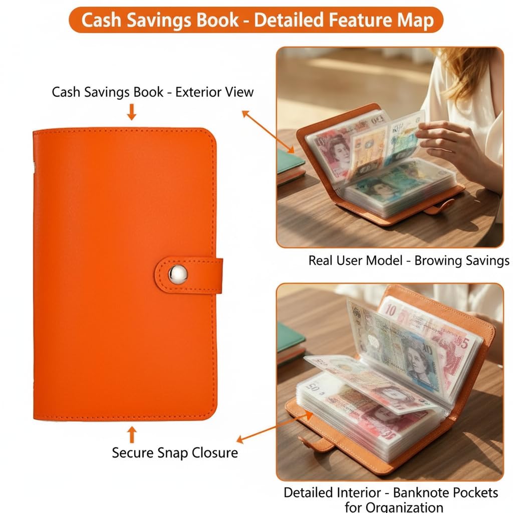 Lot de 100 enveloppes pour défi d'économie d'argent, carnet A5 utilisable des deux côtés, classeur avec boucle magnétique (orange)