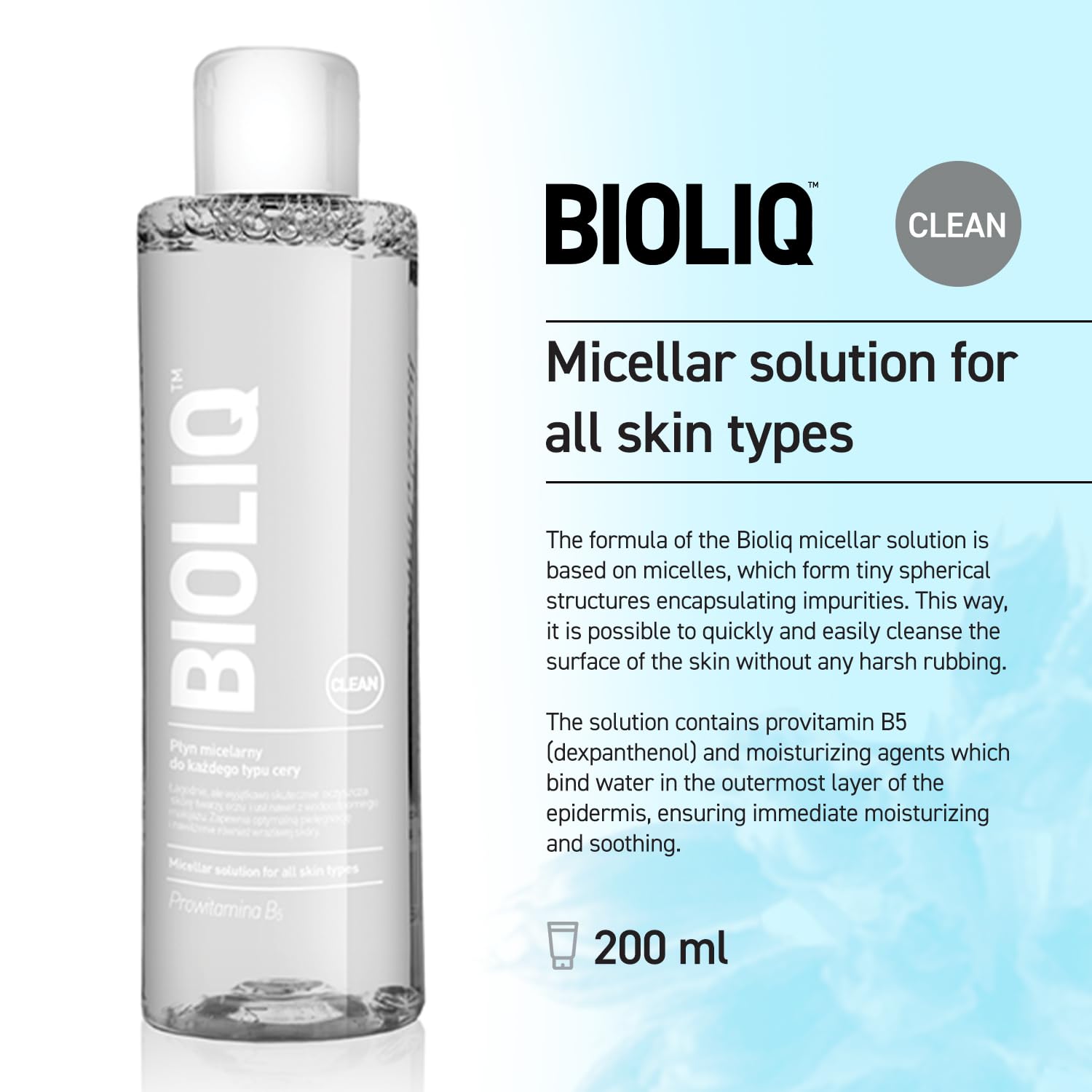 Bioliq - Clean Micellar Solution - Gentle Skin Cleanser with Provitamin B5 & Moisturizing Agents, Paraben-Free Formula for Smooth Complexion - 200 ml