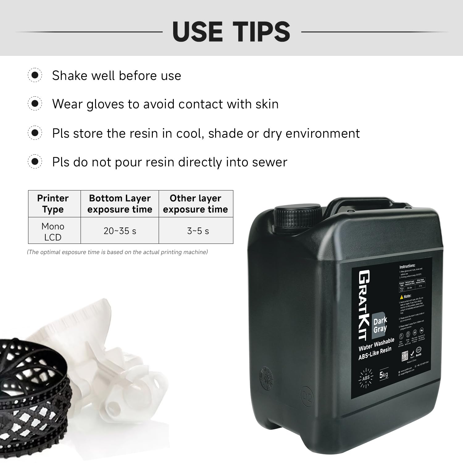 GratKit Wasser Waschbares ABS-Like Resin, 3D-Drucker Resin mit geruchsarm und leicht zu reinigen, Water Washable 405nm UV-härtendes Harz kompatibel mit SLA, DLP und LCD Druckern, Dunkelgrau, 5000g
