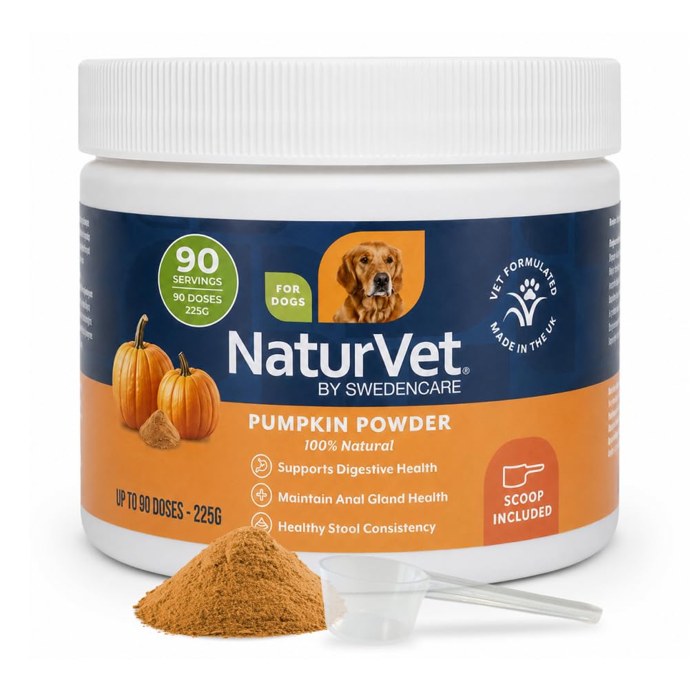 NaturVet Pure Pumpkin Powder for Dogs – 225g 100% Natural, Rich in Prebiotics High-Fibre Digestive Support for Firm Stools & Gut Health – Additive-Free - 90 Servings