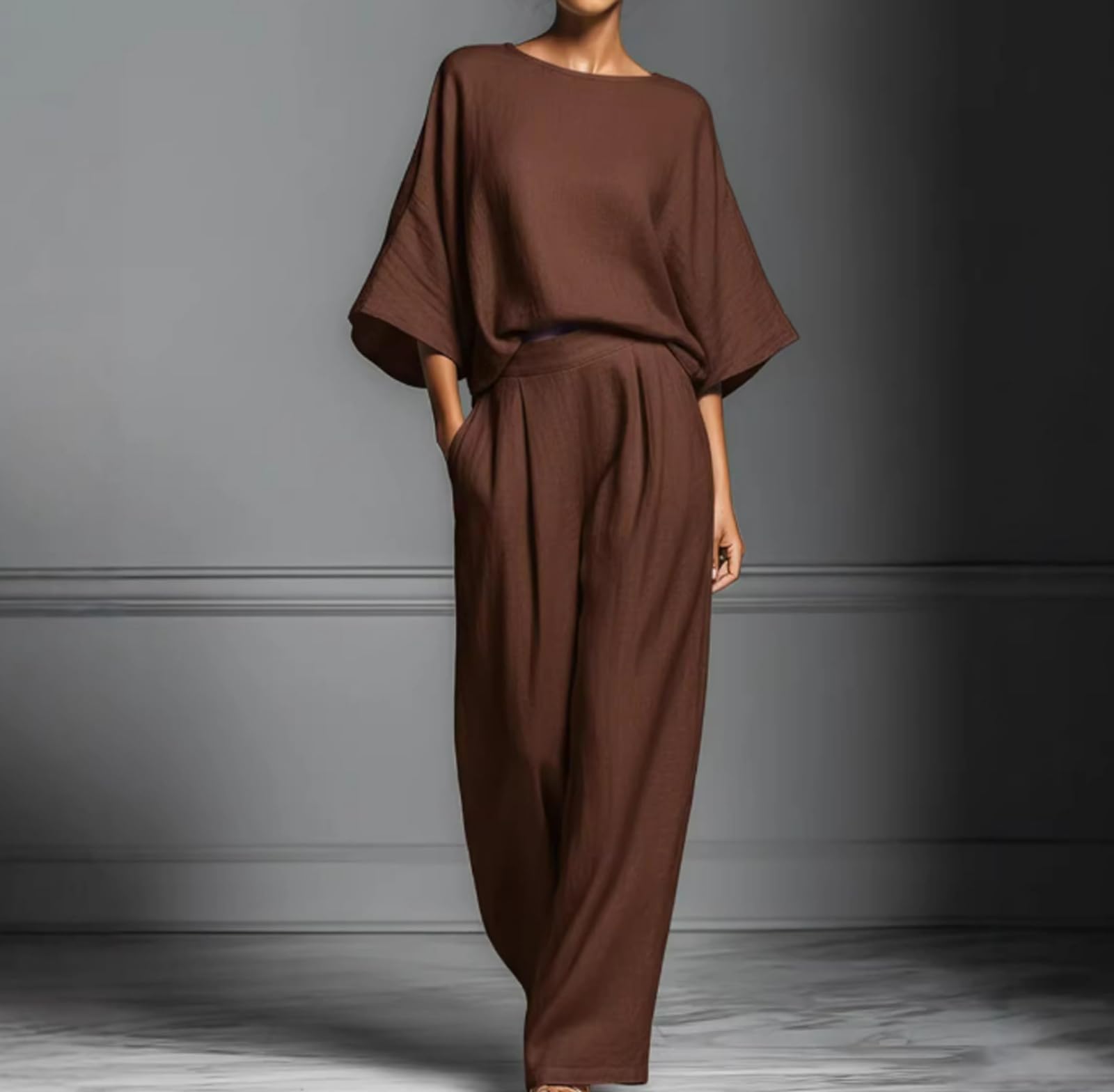Generisch Women 's Summer Linen Set Solid Color Two Piece Loungewear mit Rundhalsausschnitt Flared Sleeve Top und Wide Leg Pants.
