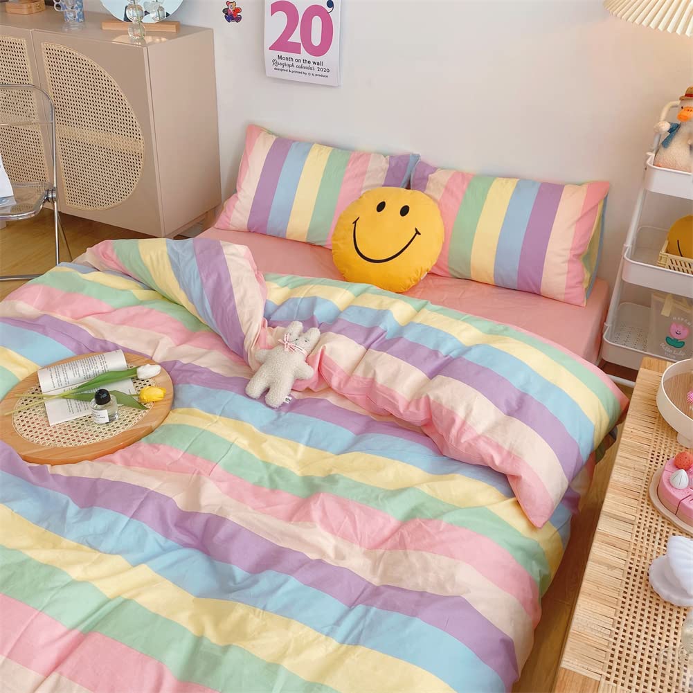 Koudi Ropa de cama infantil de 140 x 200 cm, multicolor con diseño de rayas arcoíris, funda nórdica con cremallera y funda de almohada de 70 x 90 cm