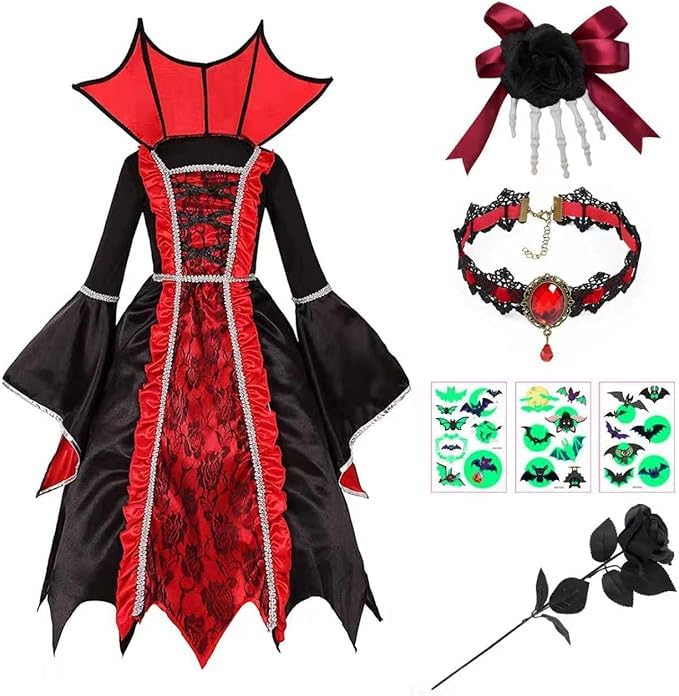 Lubolee Disfarces de Halloween menina, disfarce vampiro menina de Halloween com ornamento de crânio para o cabelo, colar, rosa e autocolantes fluorescentes - disfarce vampiro menina (7-8 anos)