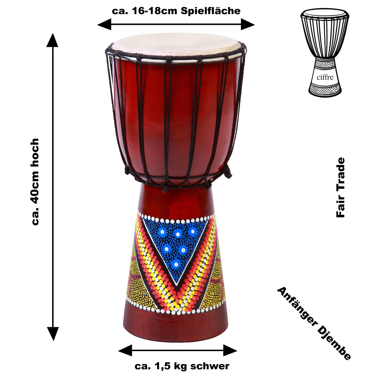 40cm Djembe Trommel Bongo Holz Buschtrommel Drum Fair gehandelt