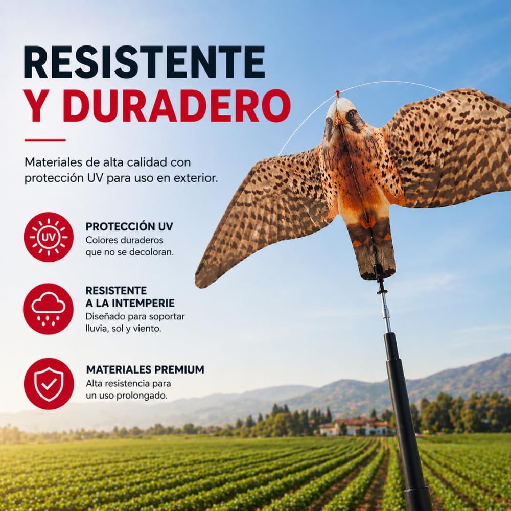 Espantapájaros Halcón Profesional Eolo | Ahuyenta Palomas y Aves | Movimiento Real de Vuelo | Protección UV | Fabricado en España | Mástil 7 Metros | Remi Hogar