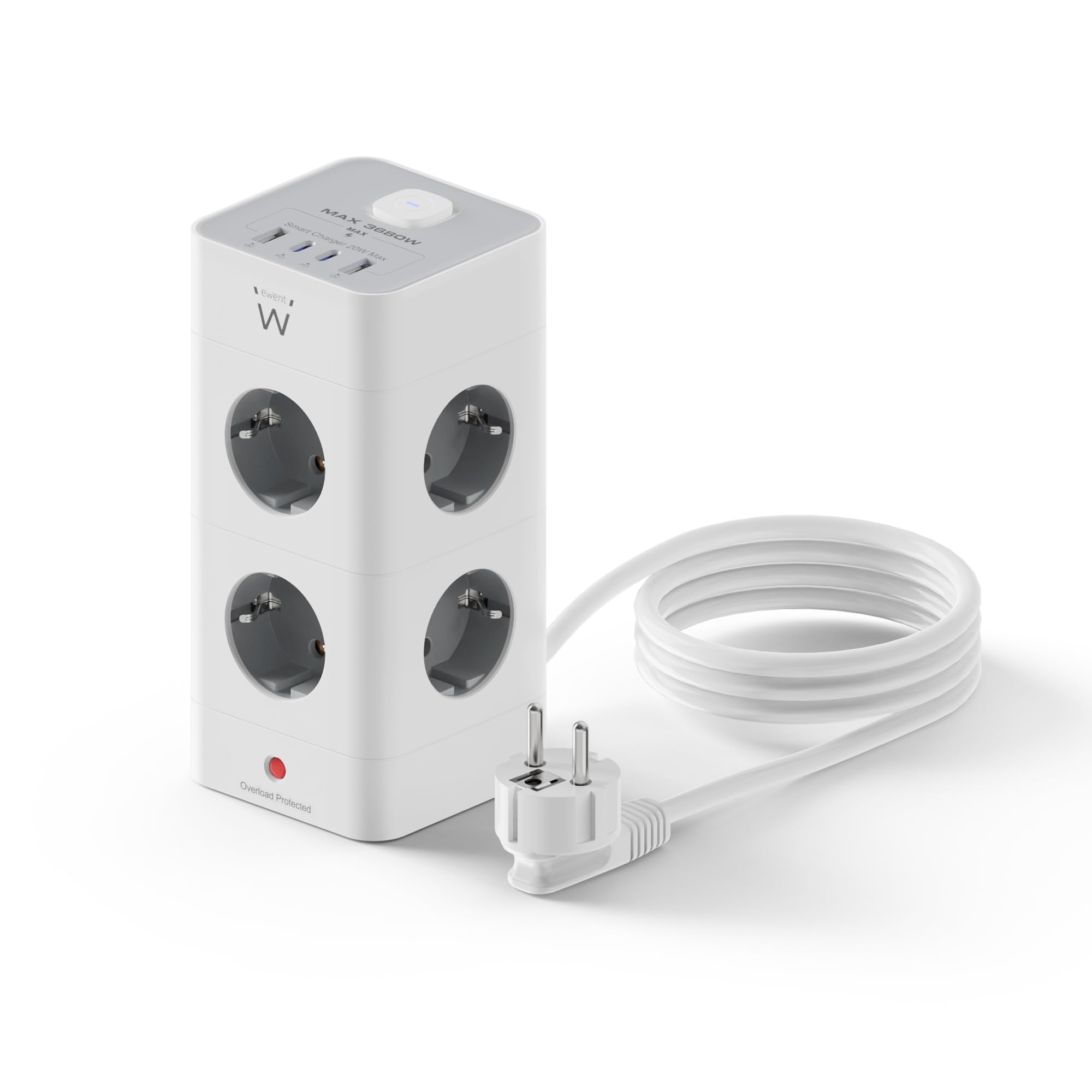 Ewent Pionowe gniazdo wieżowe 12 w 1 (3680 W/16 A); gniazdo wielofunkcyjne z 8 gniazdami wtykowymi Schuko, 2 USB-C i 2 USB-A, z włącznikiem światła, ochrona przed przepięciem, kabel 2 m, do urządzeń