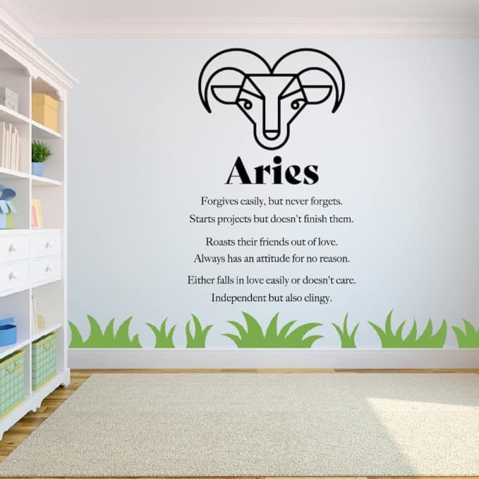 Aries Zodiac Sign Aries Horoscope Forgives Easily Roast Friends Out Of Love Aries Fire Sign Bedroom Wall Decal Quotes Sticker Kids Adults Girls Boys Room Bedroom Wall Decoration Size (30x22 inch)