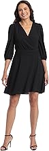 London Times Women's Shirred Surplice Bishop Sleeve Dress