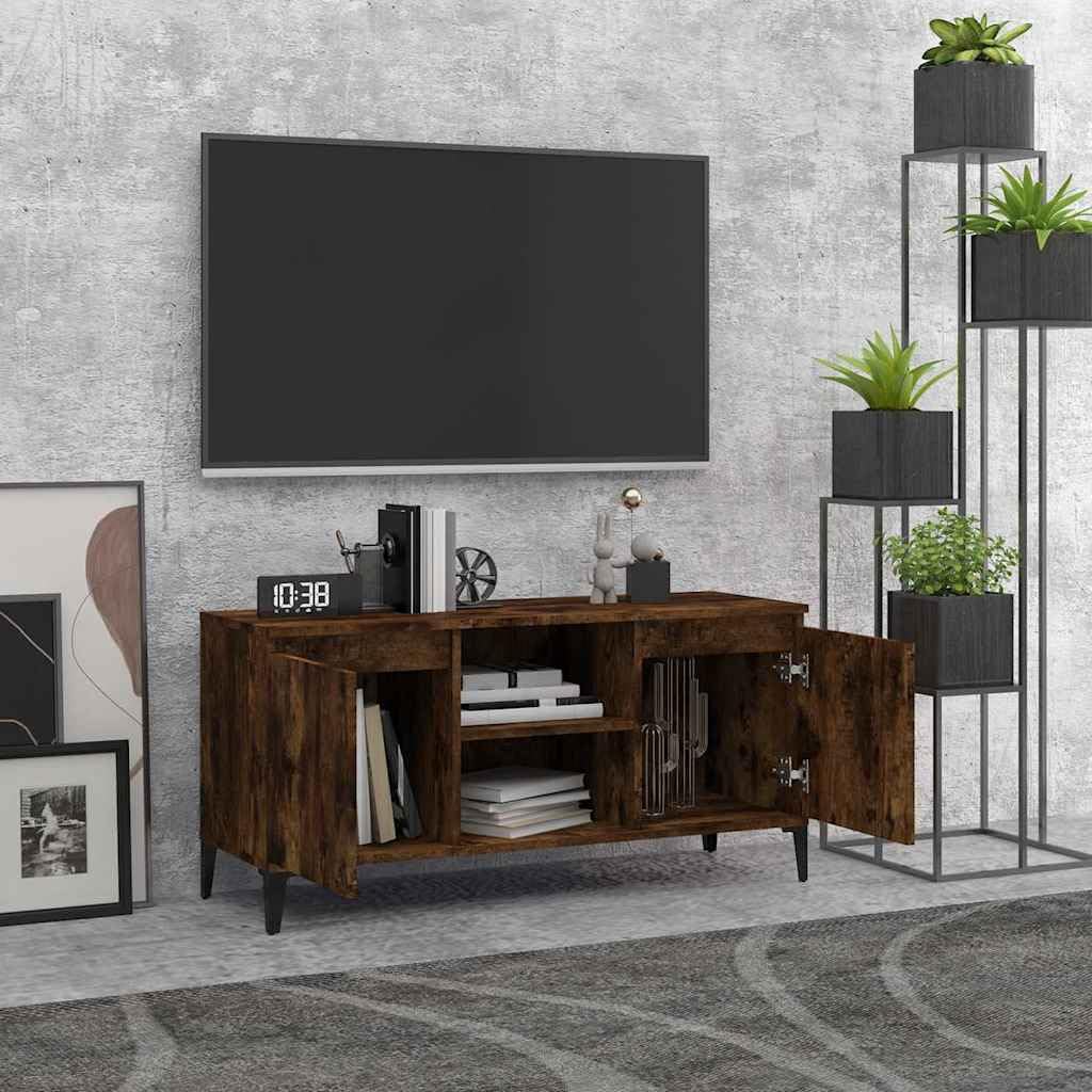 Szafka pod telewizor z metalowymi nogami, dąb wędzony, 103,5 x 35 x 50 cm, szafka pod telewizor z miejscem do przechowywania i półkami, do salonu, sypialni, kącik do gier, nowoczesne