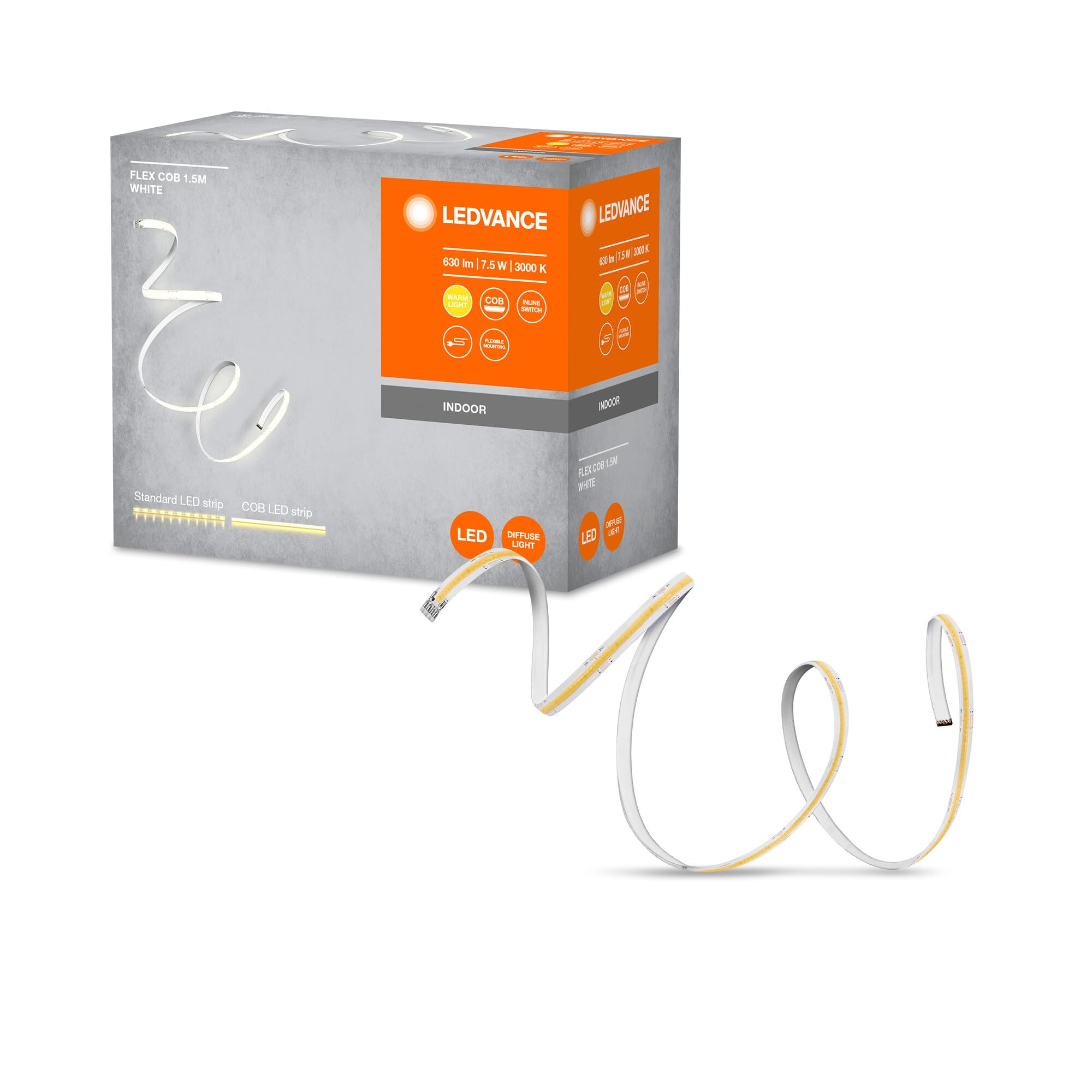 LEDVANCE Flex Cob 1.5M Led Strip, Yellow, 8W, 600Lm, Warm White Light, Cob Technology, Homogeneous Light Distribution, Long Life, Easy to Install, for Indoors, Ip20, 3000K