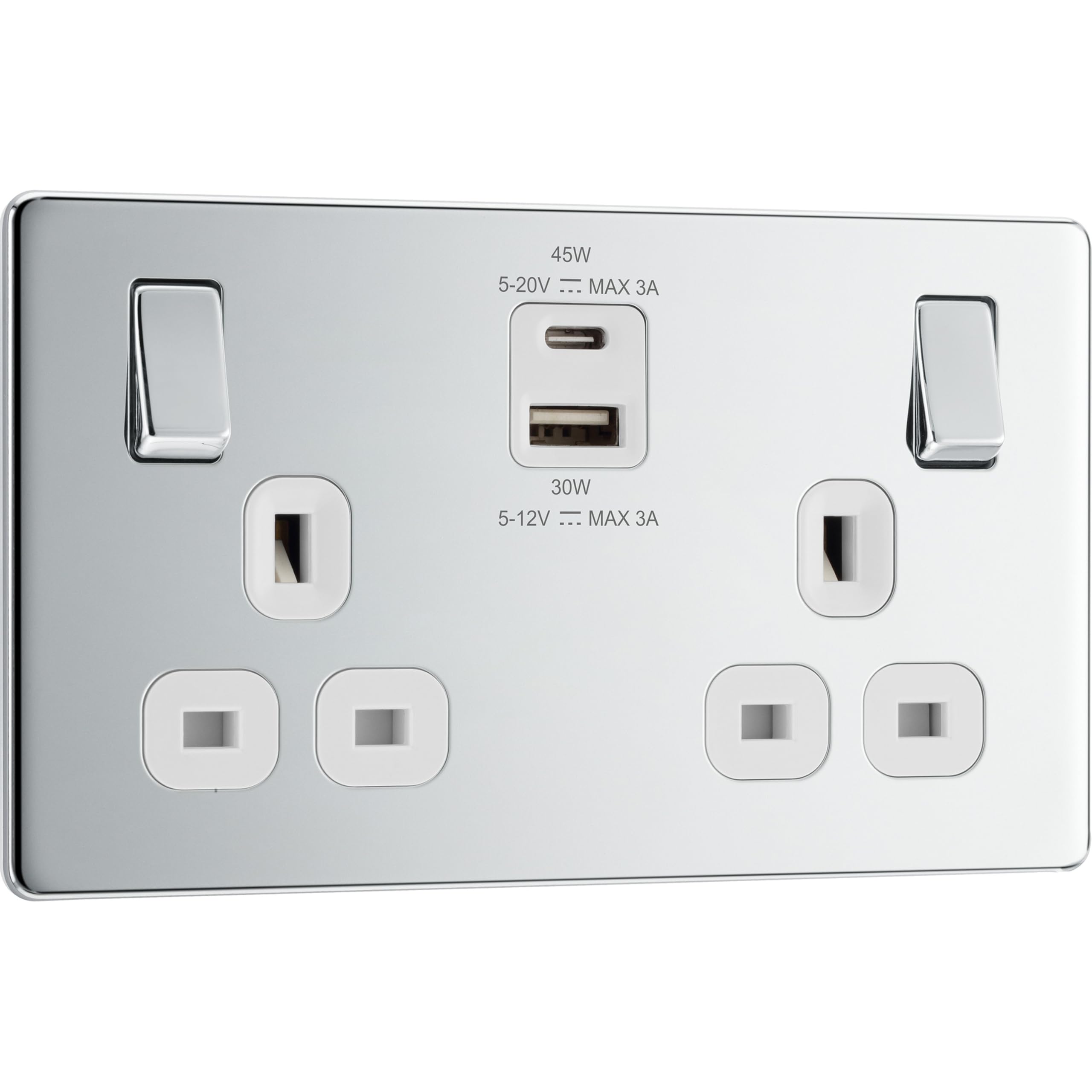 British General Polished Chrome Bg Electrical 45W Double Switched Power Wall Plug Socket With Super Fast Charge Type A And C Usb Ports, Screwless, Flatplate, White Inserts, 13A, Fpc22uac45w