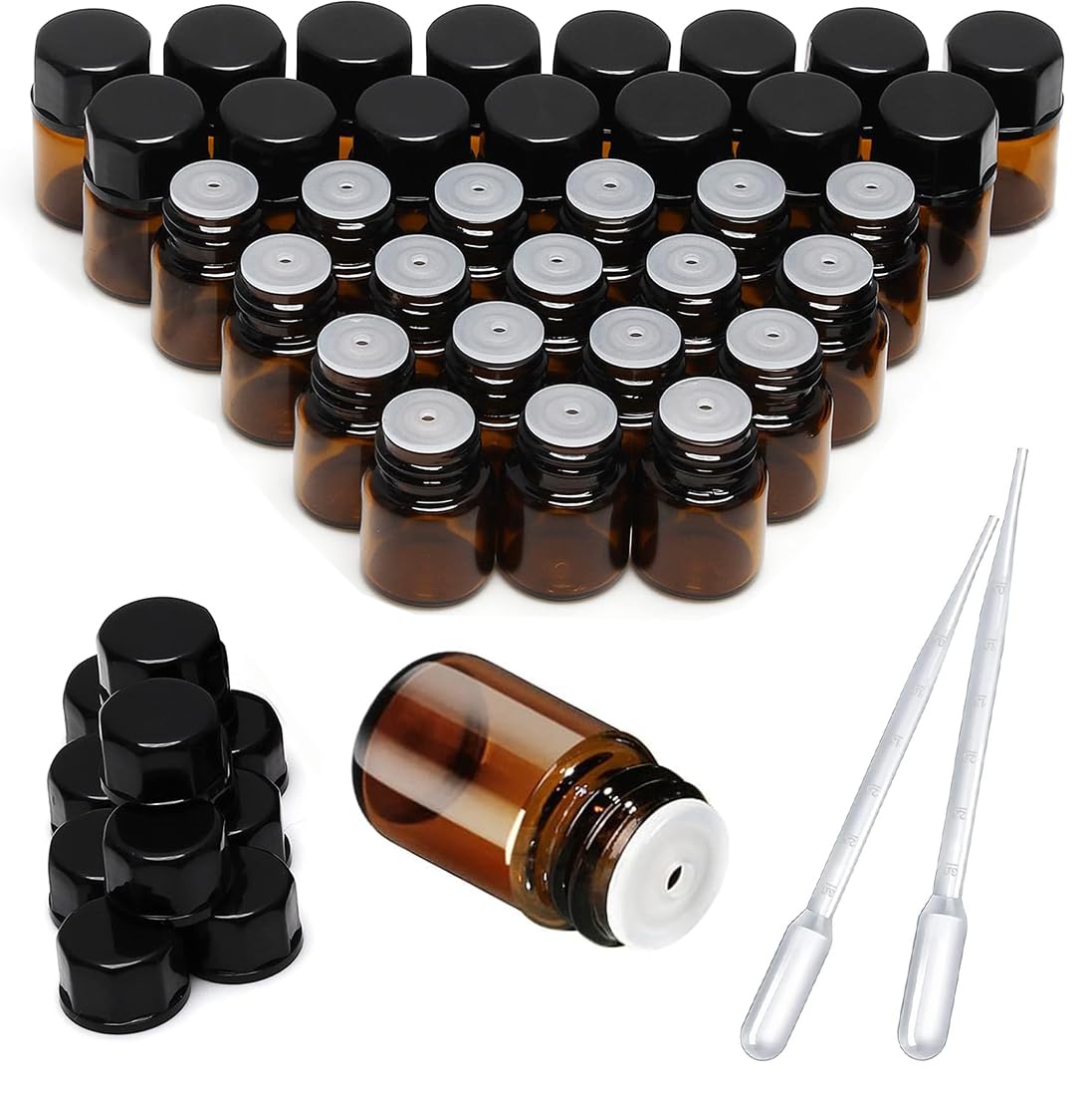 25 piezas botellas de vidrio vacías marrones de 2 ml para aceites esenciales cuentagotas, mini botella de vidrio de relleno, botella de aromaterapia vacía, accesorios de aceites