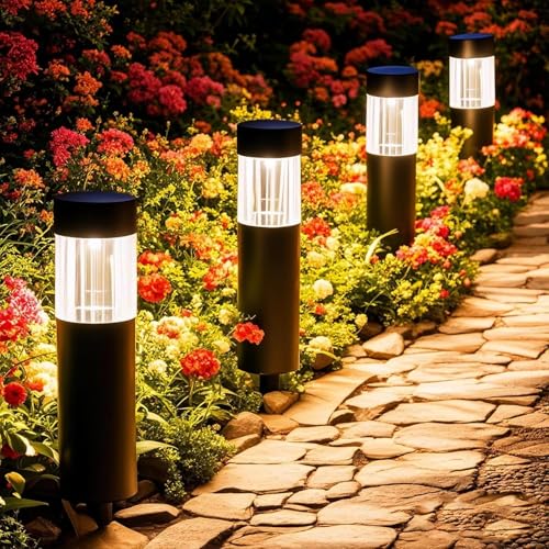 Solar Pathway Lights Outdoor Waterproof, 6 Pack Stainless Steel LED Stake Lights 35 Lumens 3000K...