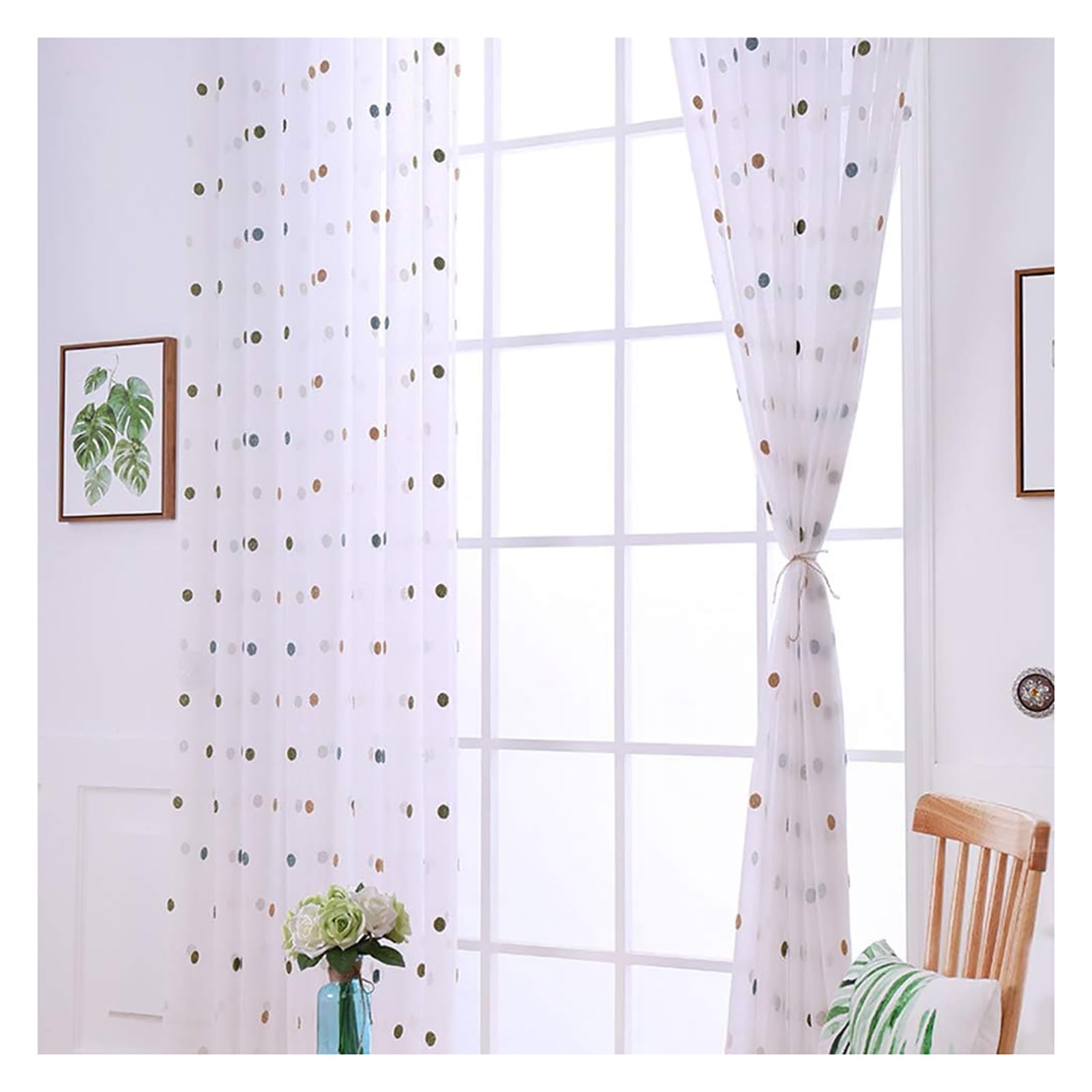 Bunt Punkte Transparent Gardinen, Stickerei Kinderzimmer Voile Vorhang Mit Ösen/Haken 2 Stück Für Wohnzimmer Schlafzimmer, W135xL244cm, Eyelet