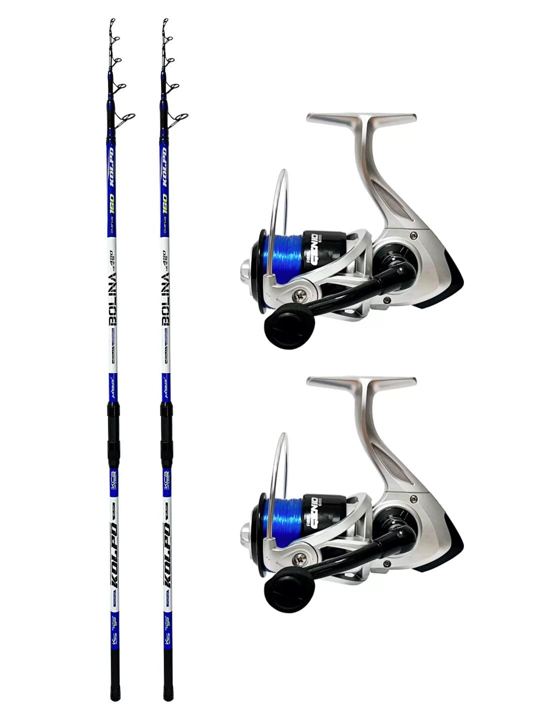 Kolpo combo pesca con 2 canne + 2 mulinelli + filo precaricato ottimo per surfcasting carpfishing siluro storione scogliere spiaggia