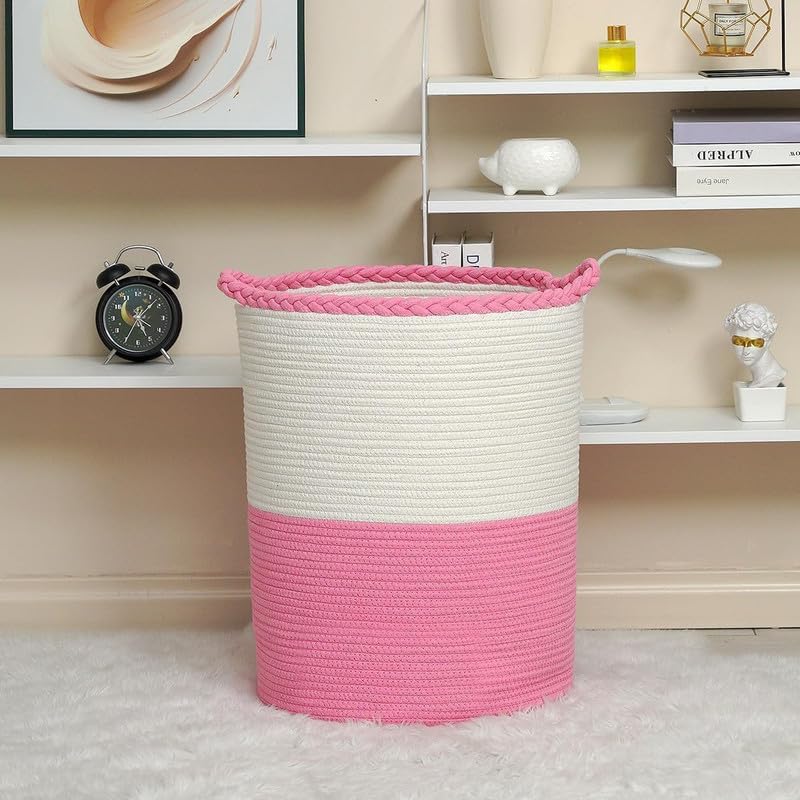 Image of Storage Rope Laundry Hamper Basket for Clothes, Towels and Blankets in Livingroom, Bedroom, Laundry Room and Basket for Nursery Storage (Size - 14 inch x 14 inch x 18 inch) (Pink White Zig Zag)