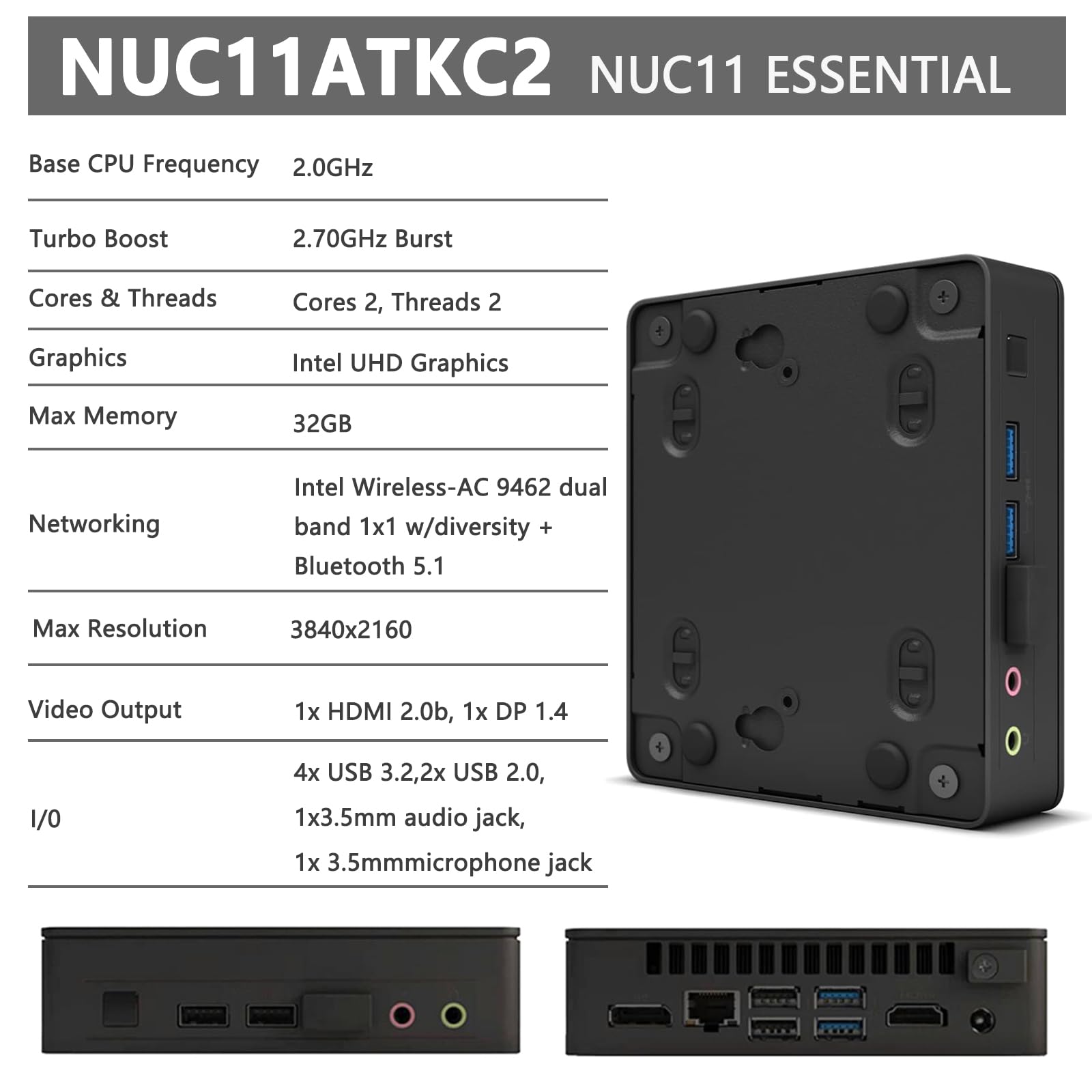 NUC 11 Essential Mini-PC NUC11ATKC2, kompatibel mit Intel Celeron-CPU N4505 | 2,9 GHz, zwei 4K-Displays, Bluetooth 5.1, Windows 11, leise Kühlung, kompakter Büro-PC (16 GB RAM + 256 GB SSD)