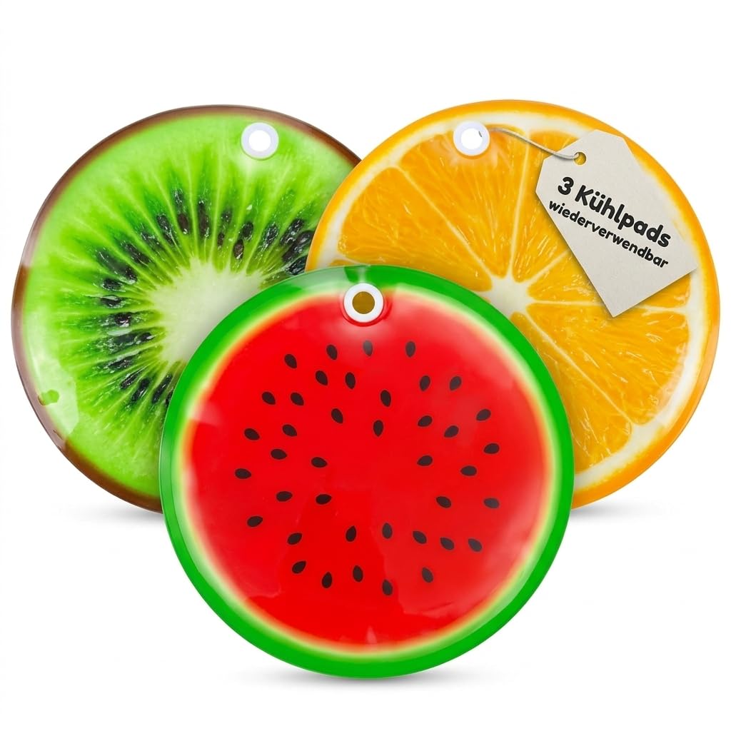 MIJOMA Set di 3 cuscinetti refrigeranti con stampa di frutta, Ø 16 cm, perfetti per l'estate, barbecue, picnic e bomboniere, plastica alimentare