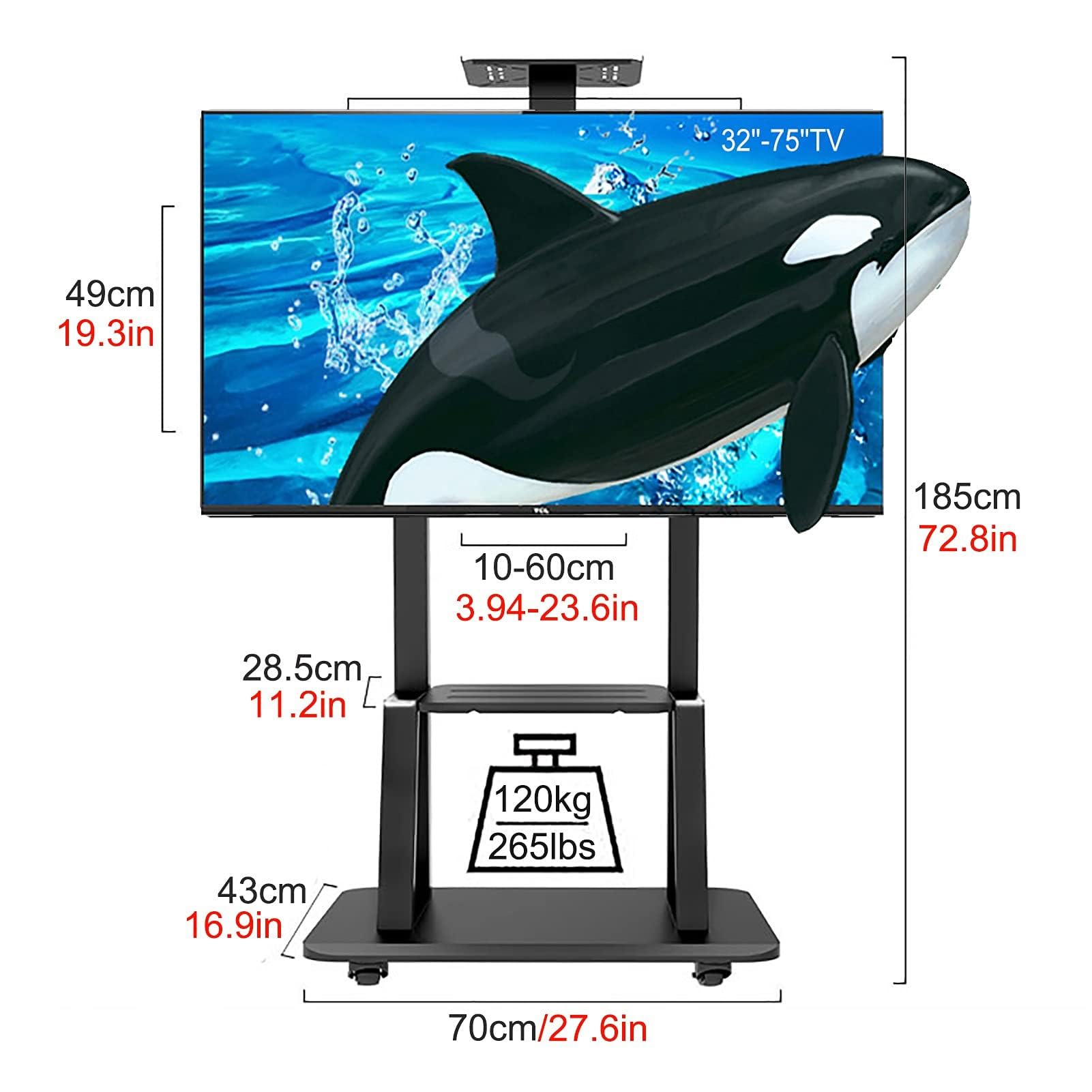 Support de Sol pour téléviseur réglable en Hauteur - Chariot TV Mobile à roulettes, Support TV pour téléviseurs de 32 à 75 Pouces, Support Universel Robuste avec ro,