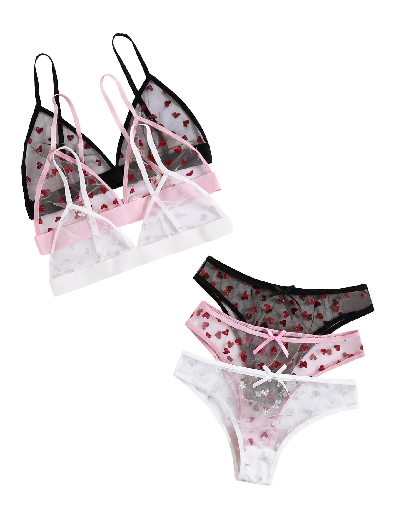 BEAUDRM Women's 3 Pack Matching Bra and Panty Sets Mesh Sexy Lingerie Sets