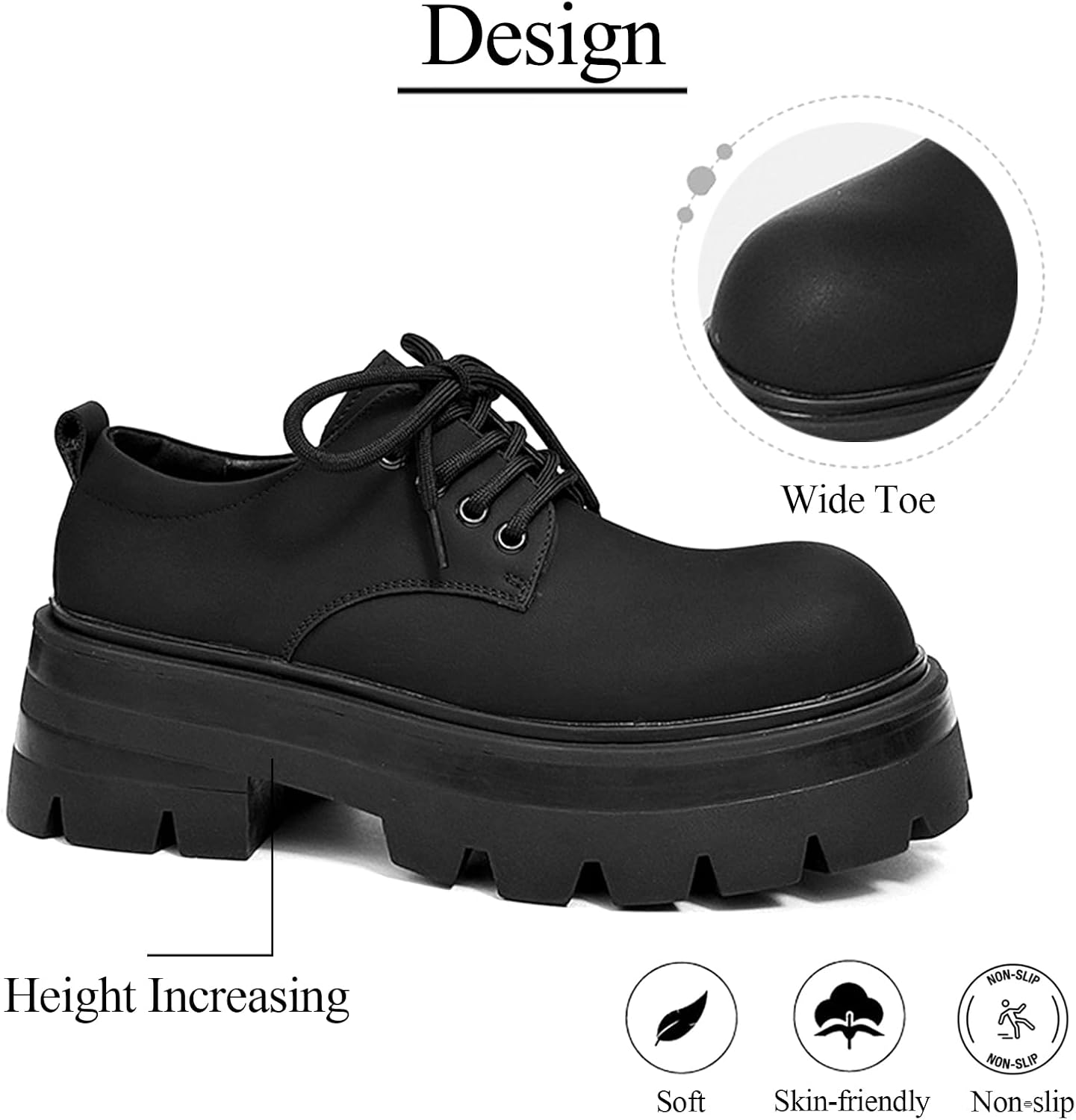 Mens Leather Platform Derby Shoes Comfy Classic Round Toe Lace-Up Chunky Heels Oxfords Non-Slip Lug Thick Sole Heightening Dress Shoes