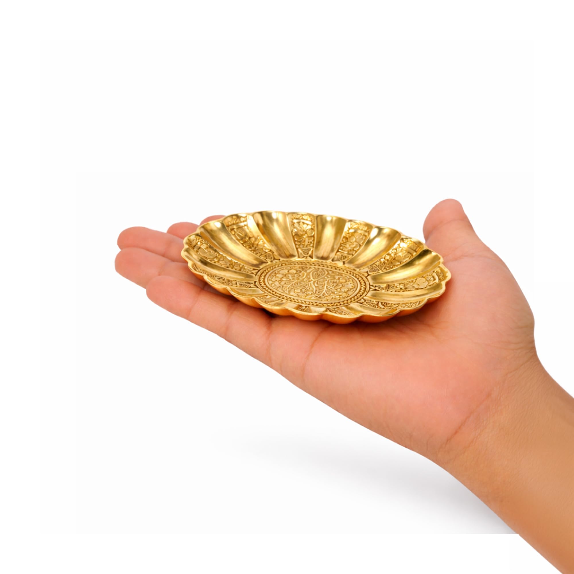 Putrika Brass Oval Engraved Tray – Floral Design Pooja Plate | Decorative Antique-Style Serving Tray for Home, Temple, Festive Use, Return Gift- Engraved Oval Tray (Xtra Small) 3
