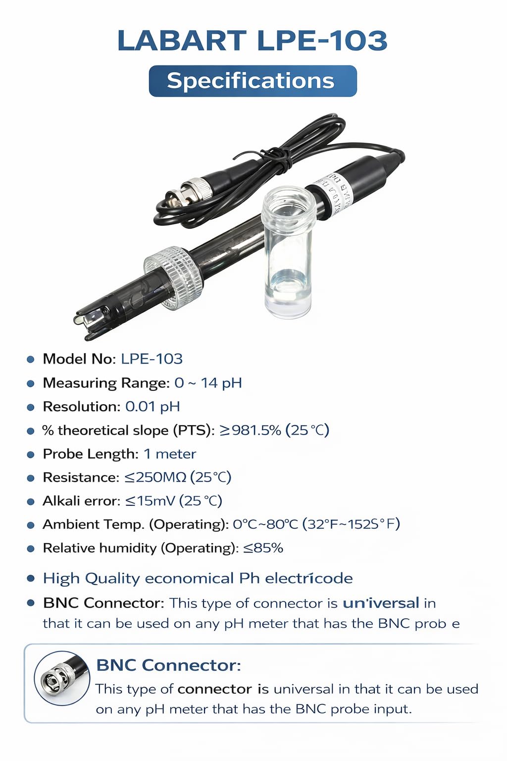 LABART 0-14 pH Electrode Probe BNC Connector, 100 cm Cable for pH Meter Monitor Controller Test Sensor, Replacement Kit for Aquarium Hydroponics Plant Pool Spa (1M Long Cable) 3