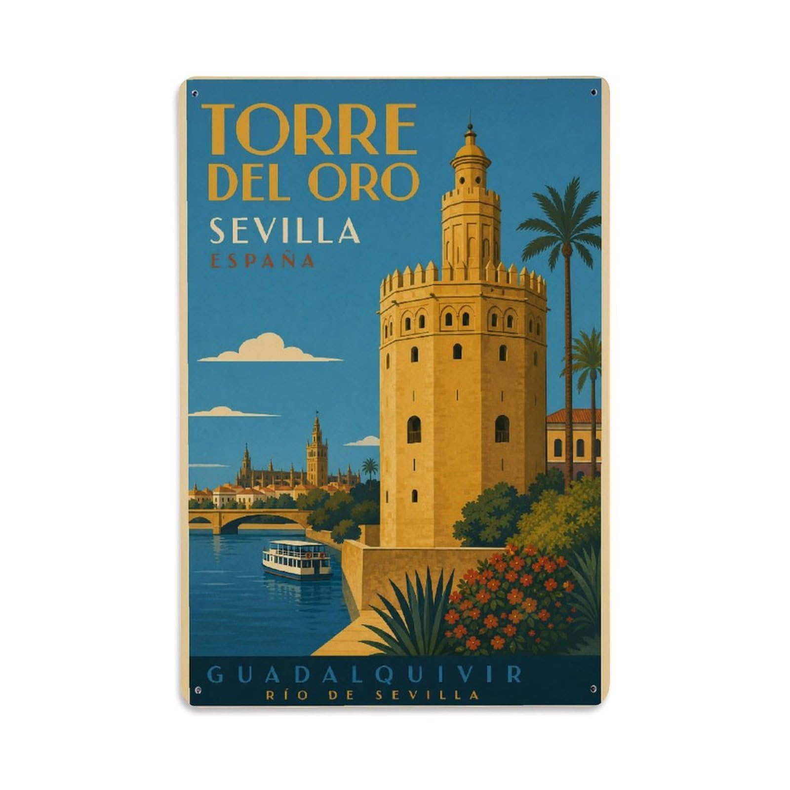 Huiyhb 8X12inch(20X30cm) Vintage Travel Torre Oro Golden Tower Seville River Metal Tin Sign