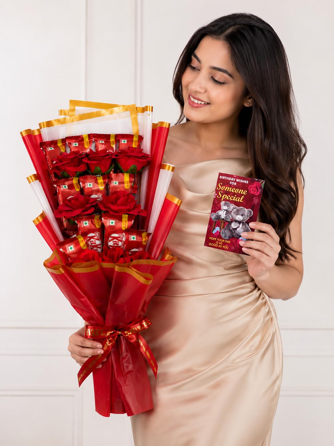 Elegant Artificial Red Rose & Chocolate Bouquet Gift with Birthday Card – Perfect for Celebrations & Best Wishes (Full Size, Someone Special Birthday Card)-picture-12