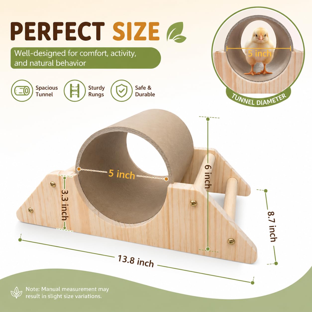 Percha para pollitos de pino con túnel de ocultación, barra fuerte para jugar al gimnasio, juguetes de pollo de accesorios de gallinero y criadora, juguetes de perca de entrenamiento para pájaros