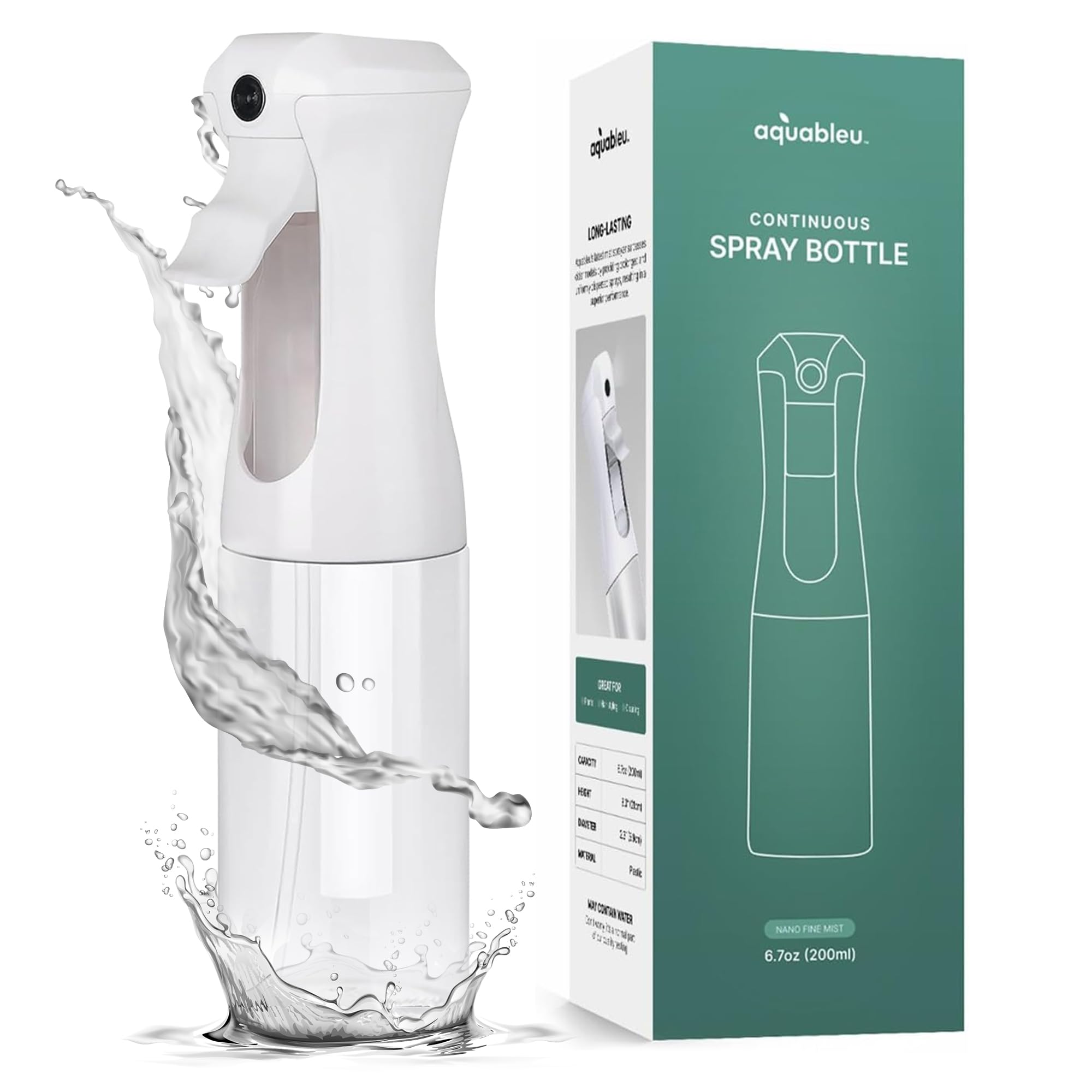 Aquableu Spray Bottle for Hair – Continuous Mist Spray Bottle for Hair Care, Styling, Cleaning, Plants, Pets & Essential Oils (Clear, 6.76oz/200ml)