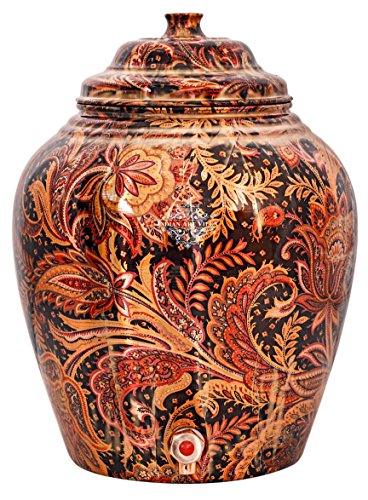 Image of IndianArtVilla Printed Design Copper Water Dispenser Pot Matka, Storage, Home Garden, 13 LTR, Dark Brown