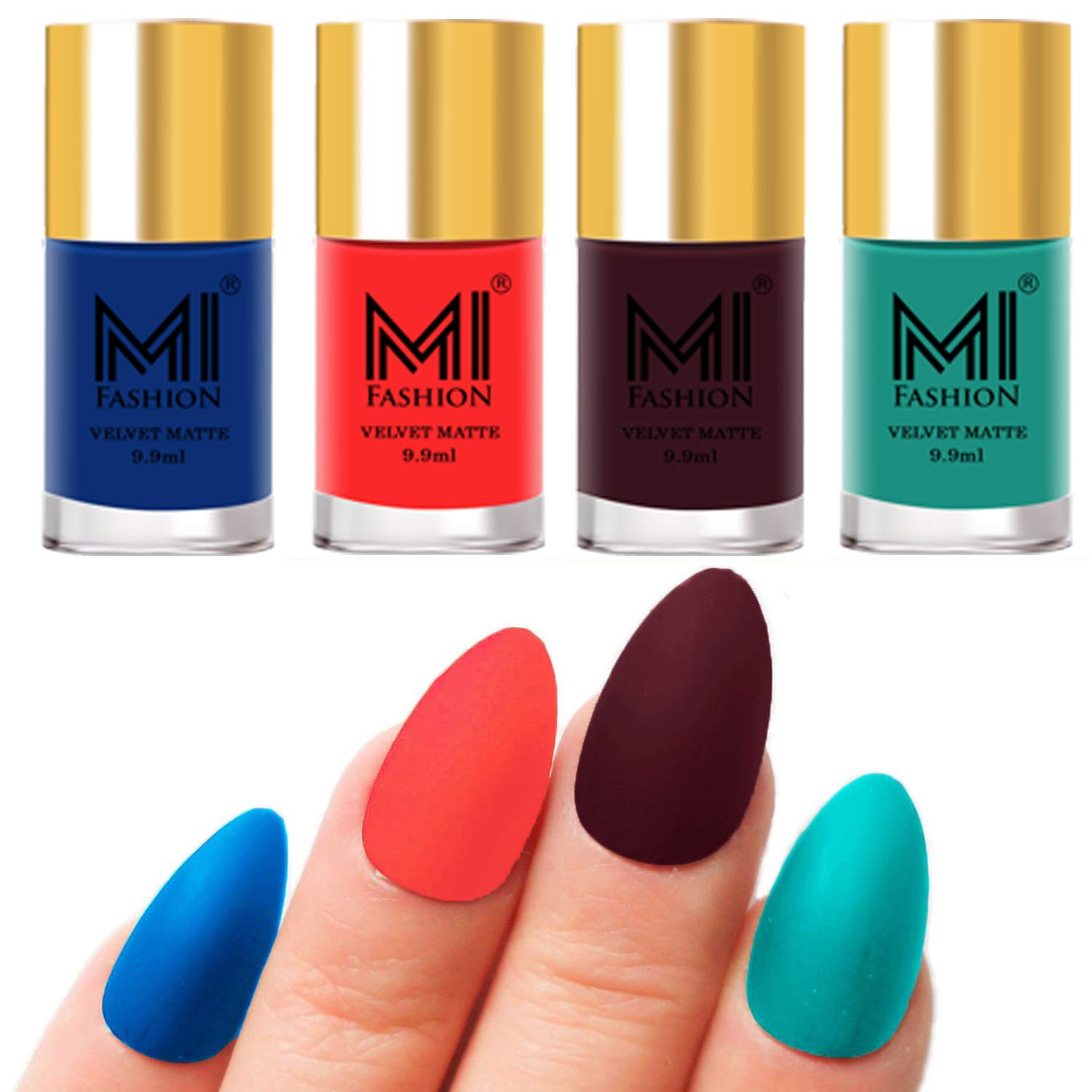 MI FASHION Velvet Matte Lacquer Nail Paint Sets Water Resistant 9.9ml Navy Blue, Neon Orange, Wine And Sky Blue (Pack Of-4)-image-48