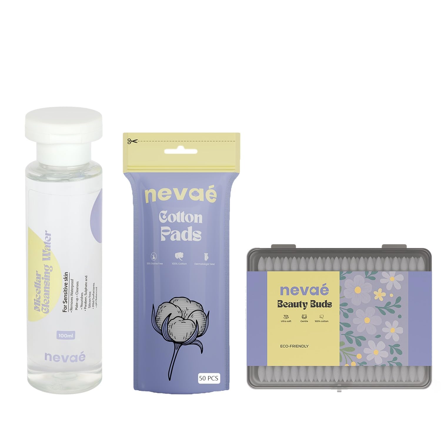 Nevae Skincare Cleansing Combo | Micellar Cleansing Water 100ml + Cotton Pads 50 Pcs + Beauty Buds 100 Count | Makeup Removal & Daily Face Care Kit-image-49