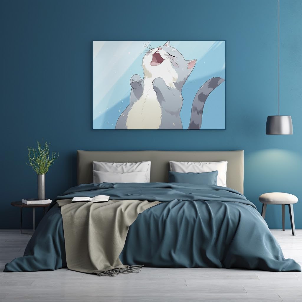 Canvas for Living room. Joy Unleashed: A Striped Cat's Sky-High Celebration, 27 x 18 inch Canvas Wall Art - Ready to Hang