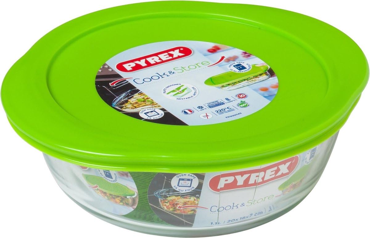 Pyrex Clear Cook And Store 4 In 1 Round Dish 20 Cm With Lid,Green,1 Litre